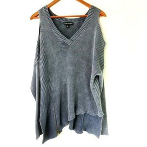 Rock & Republic Stone Gray Asymmetric Grune Zipper Knit Cold Shoulder Sweater M